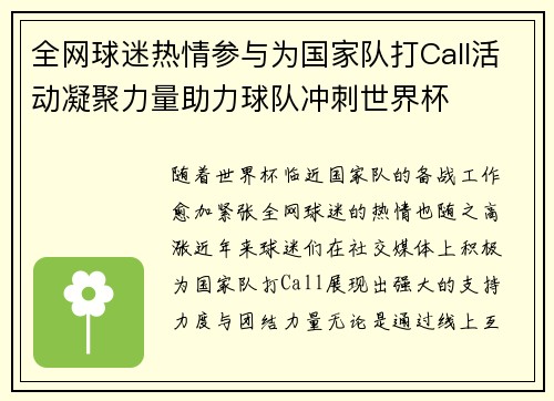 全网球迷热情参与为国家队打Call活动凝聚力量助力球队冲刺世界杯